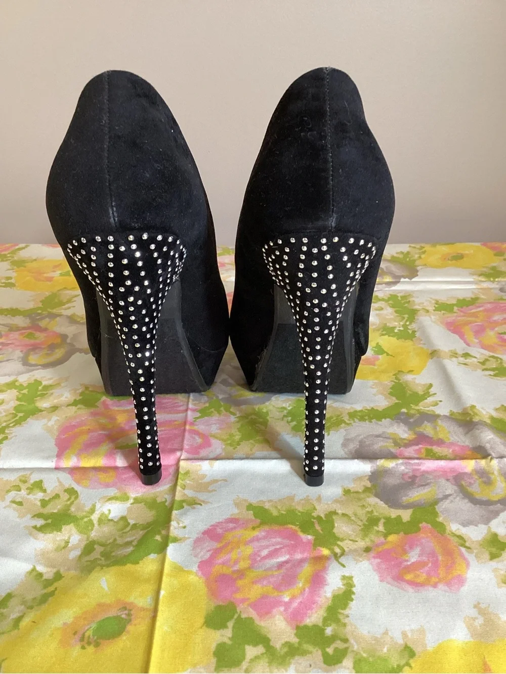 Black Suede Platform High Heels with Studded Stiletto